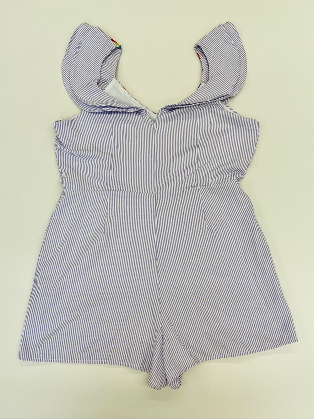 JMarie Seersucker Romper with Colorful Embroidered Floral Ruffle Neckline - Picture 4 of 8